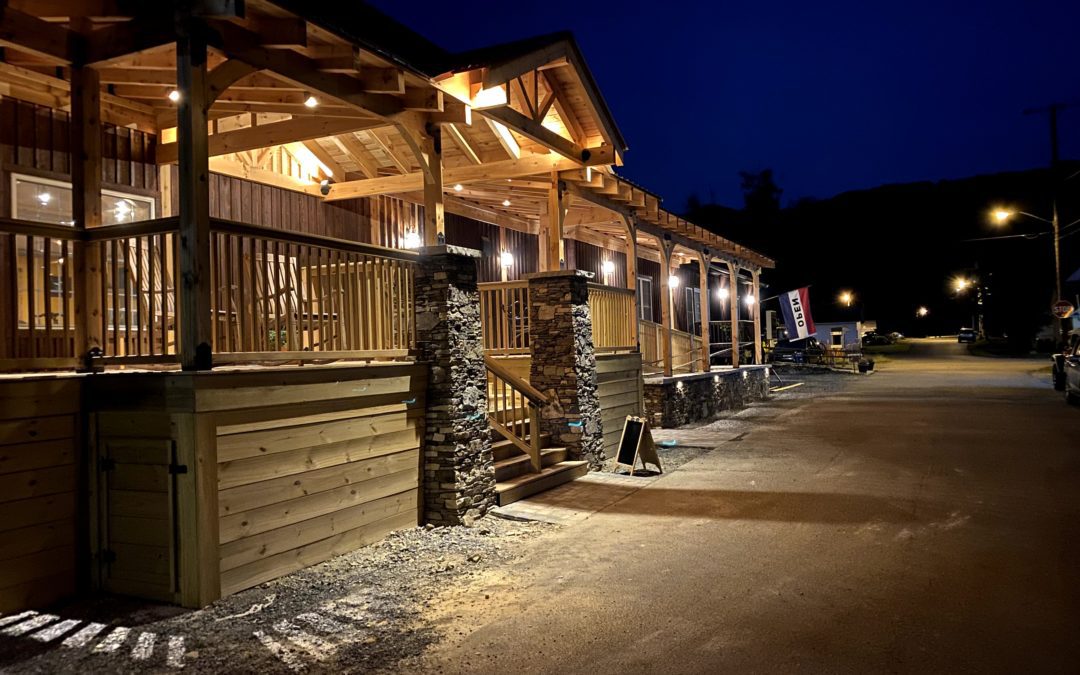 The Damascus Old Mill Inn at night.